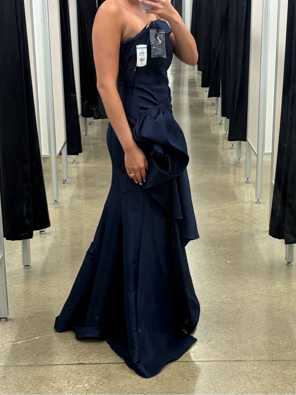 Satin Draped Navy Blue Evening Gown - Picture 8 of 12